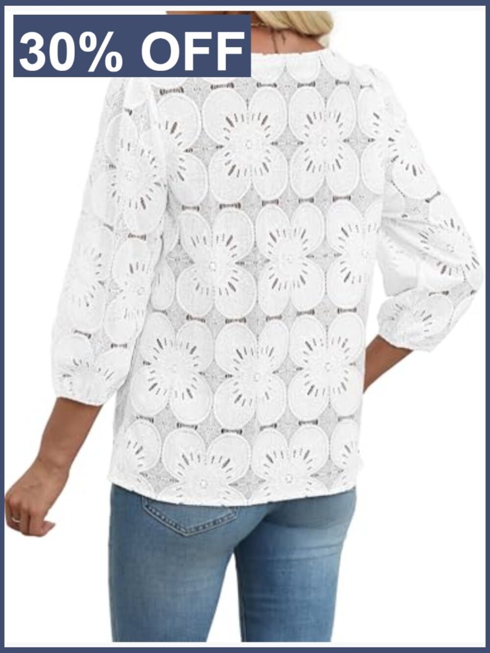 Women's 3/4 Sleeve Eyelet Lace Peasant Blouse Dressy Casual Top - Picture 5 of 7